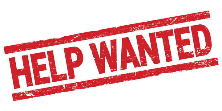 HELP WANTED text on red rectangle stamp sign.