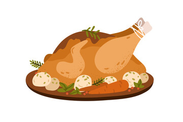 Christmas turkey roasted with vegetables. Whole chicken grilled cooked for holiday dinner. Xmas and Thanksgiving festive dish, traditional food. Flat vector illustration isolated on white background