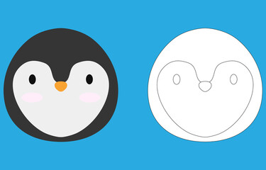 Penguin face cartoon character. Cute outline penguin animal face coloring book for kids. Vector illustration. Outline icon penguin head. Cartoon face logo.