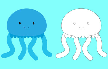 Jelly fish face cartoon character. Cute outline Jellyfish animal face coloring book for kids. Vector illustration. Outline icon Jellyfish head. Cartoon face logo.