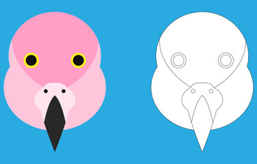 Flamingo face cartoon character. Cute outline flamingo bird animal face coloring book for kids. Vector illustration. Outline icon flamingo head. Cartoon face logo.