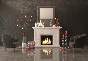 Stylish dark minimalist living room with a fireplace, New Year's interior with a Christmas tree decorated with toys. Branch with toys and gifts. 3d render