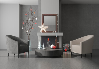 Stylish dark minimalist living room with a fireplace, New Year's interior with a Christmas tree decorated with toys. Branch with toys and gifts. 3d render