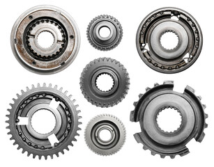 Set with different stainless steel gears on white background, top view