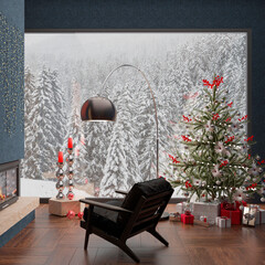 New Year's interior of living room with view of the mountains, Christmas tree decorated with gifts,  fireplace, candles, clock on the wall, Christmas. 3d render.