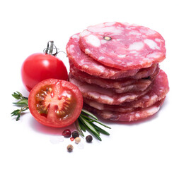 Sliced Smoked dry Salami sausage isolated on white background