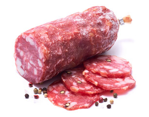 Sliced Smoked dry Salami sausage isolated on white background