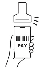 スマホ画面のバーコードをレジスキャンで読み取っているイラスト　線画アイコン