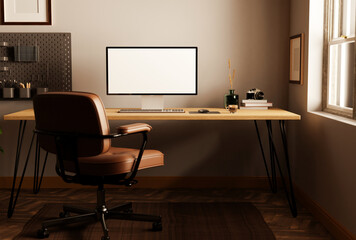 Minimal vintage home workspace with computer mockup on wood table, vintage lather chair