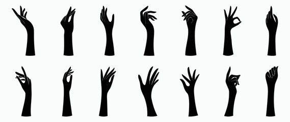 Fototapeta premium Elegant free hand gesture silhouette vector set. Black hand vector illustration design in different posture isolated on white background for logo, decoration, advertise, skin care, business, brochure.