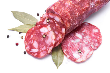 Sliced Smoked dry Salami sausage isolated on white background