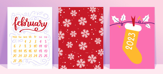Naklejka premium Vector collection of Christmas poster templates. New year 2023 set of christmas greeting cards. Bright colors. presents and hand written lettering for your invitation and design.