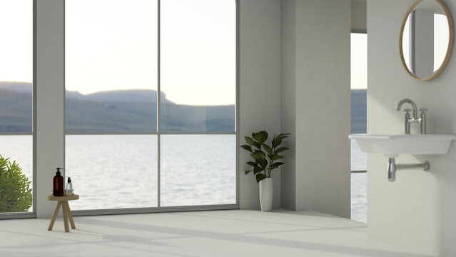 Fototapeta Modern white and clean spacious bathroom with glass window with the beautiful nature view