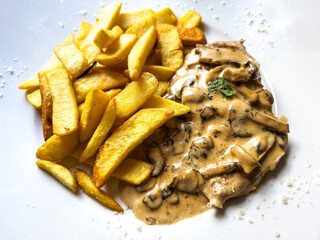 Juicy steak, beef meat with tomato and french fries