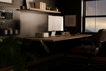 Stylish dark home office with computer mockup on table against the black wall. trendy workspace