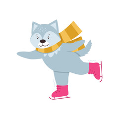 Collection of winter animals. Cute wolf in a scarf skates. Vector graphic.	
