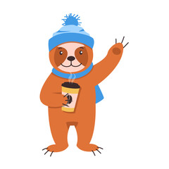 Collection of winter animals. Cute sloth in a hat and scarf drinks hot coffee with him and waves. Vector graphic.