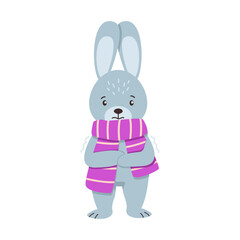 Collection of winter animals. Cute hare wrapped in scarf and froze. Vector graphic.