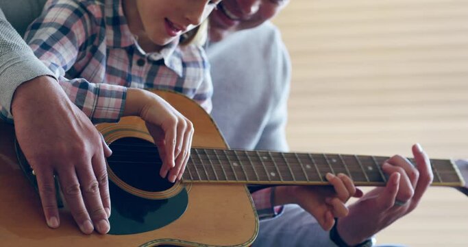 Father, girl and guitar for music class, teaching and learning, growth and artistic skill development. Man with child to learn instrument, musician and playing, happy in lesson and art education.