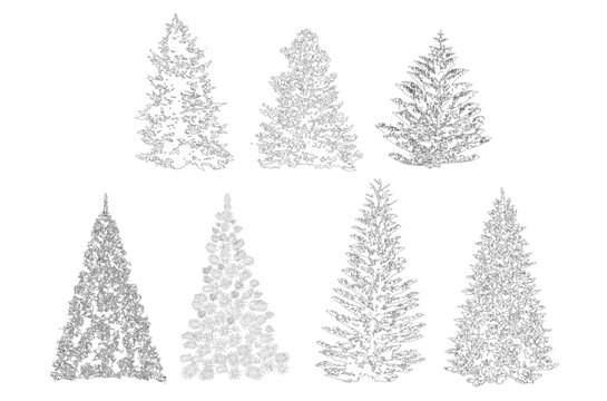Minimal style cad christmas tree line, Side view, set of graphics pine trees elements outline symbol for architecture and landscape design drawing. Vector illustration in stroke fill in white. Decorat
