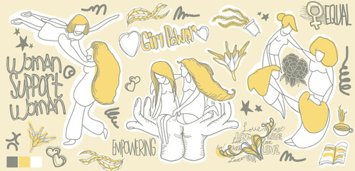 Fototapeta premium Set of hand drawing vector illustration of woman empowering woman