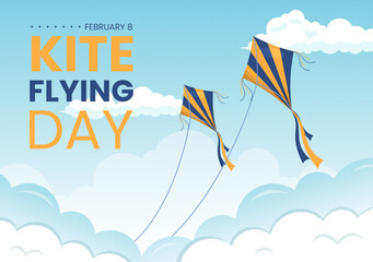 National Kite Flying Day on February 8 of Sunny Sky Background in Kids Summer Leisure Activity in Flat Cartoon Hand Drawn Templates Illustration