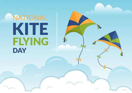 National Kite Flying Day on February 8 of Sunny Sky Background in Kids Summer Leisure Activity in Flat Cartoon Hand Drawn Templates Illustration