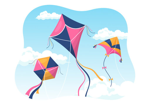 National Kite Flying Day on February 8 of Sunny Sky Background in Kids Summer Leisure Activity in Flat Cartoon Hand Drawn Templates Illustration