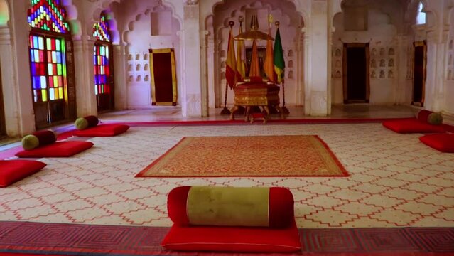 king court artistic inside view with colorful glass window at day from different angle is the moti mehal of mehrangarh fort jodhpur rajasthan india.