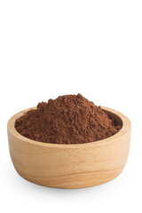 Cocoa powder in wooden big bowl isolated on white background.