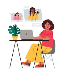 Virtual remote work. Windows with office colleagues. Online remote video conference call. Video conference. Vector illustration is flat isolated on a white background.