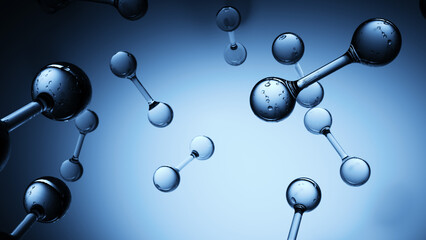Molecules float in blue blank space - obrazy, fototapety, plakaty