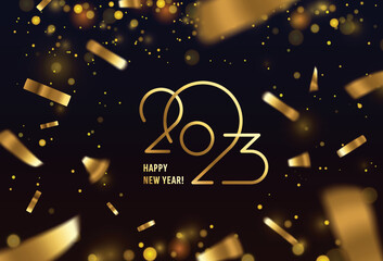 Golden 2023 logo text design on black backround. Vector stylish elegant modern minimalistic text with numbers. Concept design. Christmas background with stars, snow, confetti. Happy New Year.
