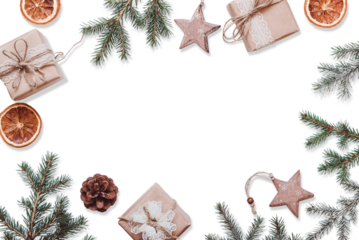 Neutral Christmas frame of fir branches, eco friendly gifts and baubles Cutout
