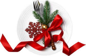 Christmas table setting with christmas decorated plate. Cutout on white background