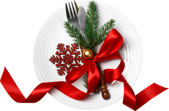 Christmas table setting with christmas decorated plate. Cutout on white background