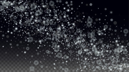 Christmas Vector Background with Falling Snowflakes  Isolated on Transparent Background. Realistic Snow Sparkle Pattern. Snowfall Overlay Print. Winter Sky. Realistic Snow. Happy Christmas, New Year.