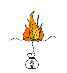 Abstract fire with dollar as line drawing on white background