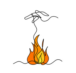 Abstract fire with globe hand as line drawing on white background