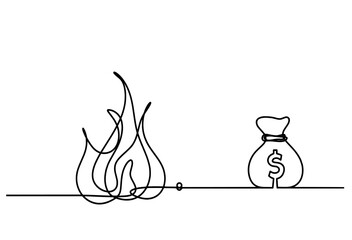 Abstract fire with dollar as line drawing on white background