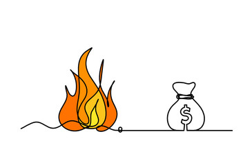 Abstract fire with dollar as line drawing on white background