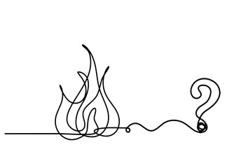 Abstract fire with question mark as line drawing on white background