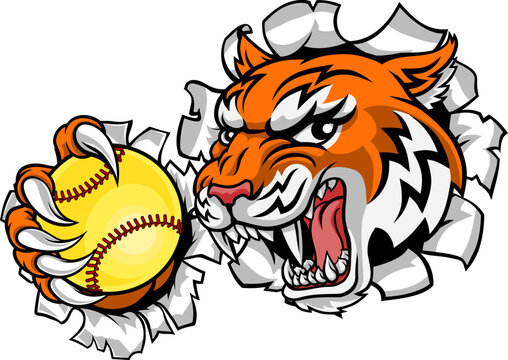 A tiger animal softball sports team cartoon mascot