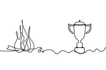 Abstract fire with trophy as line drawing on white background