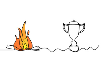 Abstract fire with trophy as line drawing on white background