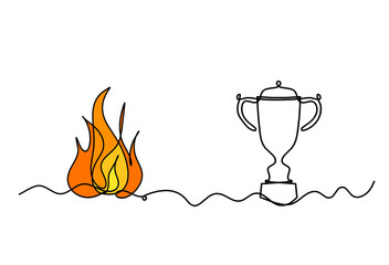 Abstract fire with trophy as line drawing on white background