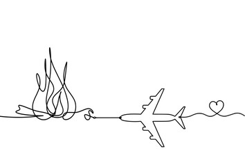 Fototapeta premium Abstract fire with plane as line drawing on white background