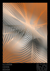 Geometrical Poster Design with Optical Illusion Effect.  Minimal Psychedelic Cover Page Collection. Silver Wave Lines Background. Fluid Stripes Art. Swiss Design. Vector Illustration for Placard.