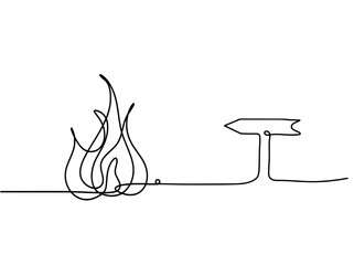 Abstract fire with arrow as line drawing on white background