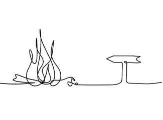 Abstract fire with arrow as line drawing on white background